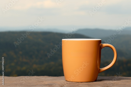 Coffee mug mockup in trendy color. Backdrop with selective focus and copy space © Space Priest