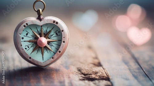 A rustic compass with a weathered needle pointing towards a soft pastel colored heart, representing the journey of love leading to a fulfilling direction in life. © Justlight