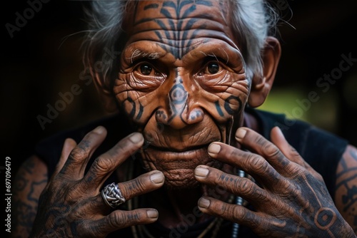 An elderly man with a vivid facial tattoo frames his face with his hands, showcasing the traditional ink patterns. © Anna