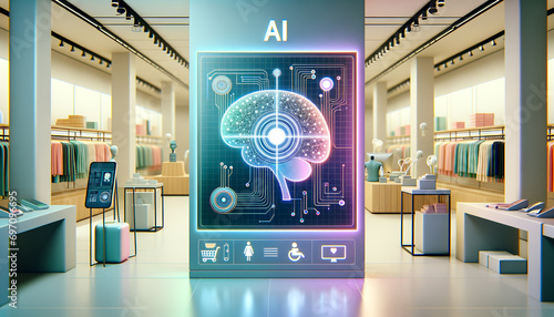 Futuristic AI integration in a minimalist retail setting