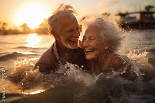 Two elderly friends laugh joyously while splashing in the ocean at sunset, sharing a carefree moment.