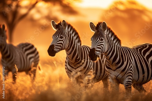 Group of wild zebras grazing in a savannah  representing the beauty of wildlife and nature.