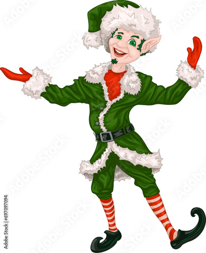 Christmas elf, Santa assistant in fur coat, fur cap with bauble and in striped knee socks. 
Vector illustration of young Christmas elf with small beard. Posing with arms raised to the sides.