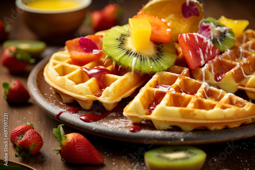 A close-up view of Belgian waffles with colourful fruits. (Generative AI)