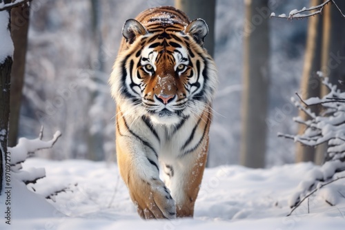 Siberian tiger walking in a snowy forest  illustrating power and the beauty of nature.