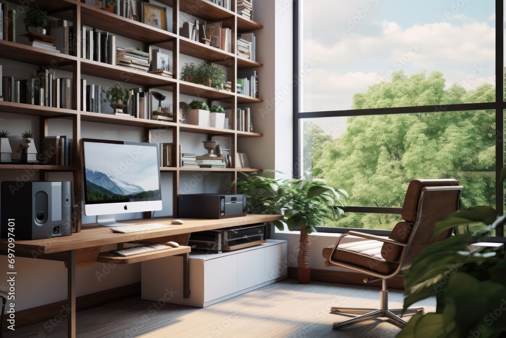 Modern home office setup with technology and comfort. Modern home office setup with technology and comfort.