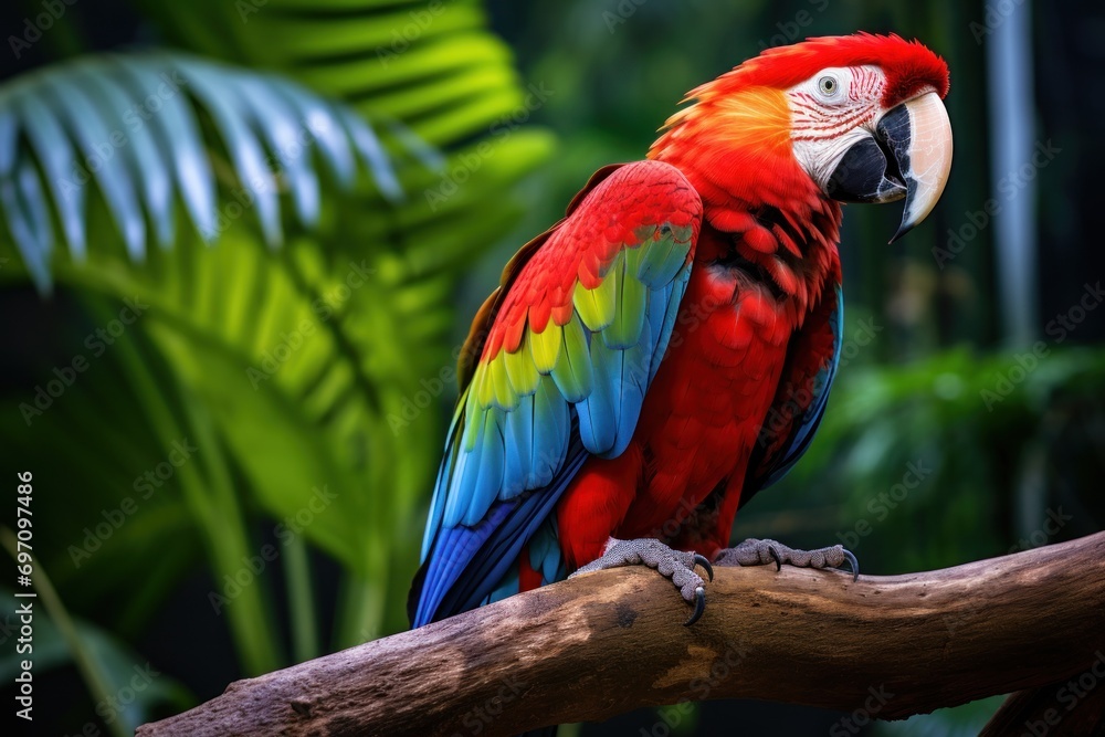 Parrot perched in a tropical forest, showcasing vibrant colors and exotic wildlife.