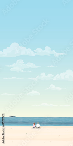 Couple of lover sitting on the beach with yacht at the horizon vector illustration. Traveling date concept flat design vertical shape have blank space.