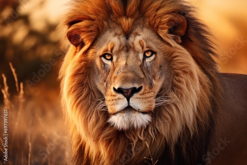 Portrait of a majestic lion in the African savannah.