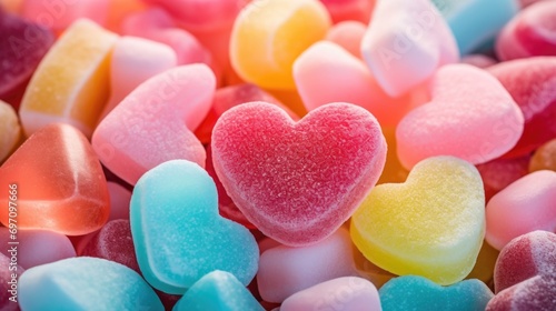 A macro image of a pile of heartshaped gummy candies in various pastel colors, with a background of oversized candy canes and cotton candy clouds. photo