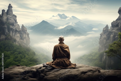 Serene monk meditating in a tranquil mountain setting. © Jelena