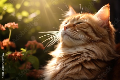 Serene portrait of a cat basking in the sunlight, illustrating peace and contentment. © Jelena