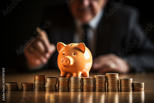 älterer Mann / Rentner mit kleinem orangenen Sparschwein und mit gesammelten angesparten Geldmünzen. Sparplan. Sparer. Querformat. Generative Ai 