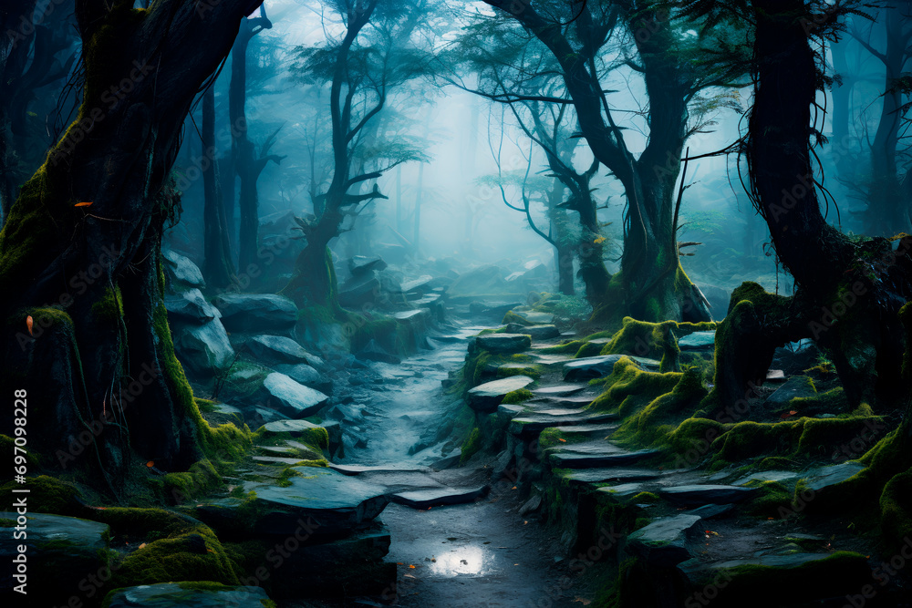 Enchanting scenery: A mystical forest with a stone path enveloped in blue mist, creating an ethereal and magical landscape.





