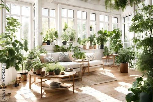 A bright sunroom filled with lush green plants.