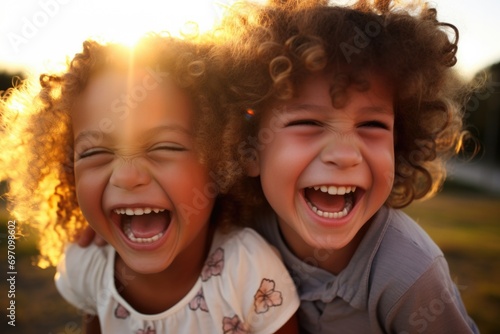 Two joyful American children with curly hair laugh and smile in the sunlit outdoors. Generative AI.