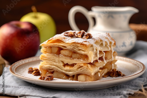 Fototapeta Naklejka Na Ścianę i Meble -  An apple strudel slice is served on a ceramic plate. (Generative AI)