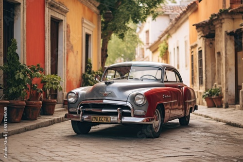 Vintage car parked on a picturesque street in an old town. © Jelena