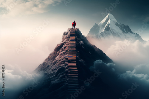 Ascending to success: Depicting a person climbing a slope toward a mountain peak, illustrating the concepts of setting goals, human performance limits, growth mindset, and motivation.





 photo