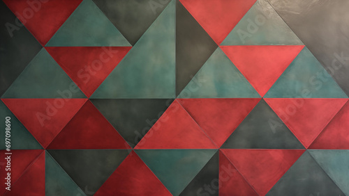 Light Red and Dark Emerald Geometric Wall Edging Rug with Glazed Surfaces and Rustic Texture