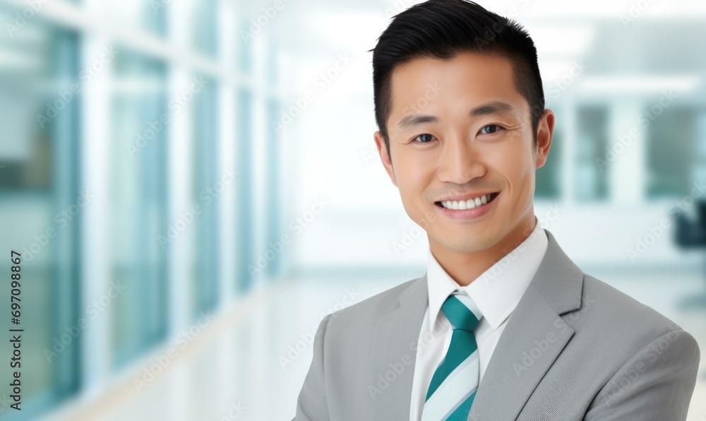 A confident Asian businessman in a modern office, radiating success and happiness. Generative AI. A confident Asian businessman in a modern office, radiating success and happiness. Generative AI.