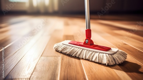 Floor cleaning with mob and cleanser foam. Cleaning tools on parquet floor