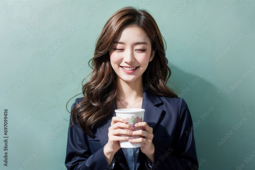 Woman in jacket holding floral cup and smiling with eyes closed, AI generated image Woman in jacket holding floral cup and smiling with eyes closed, AI generated image