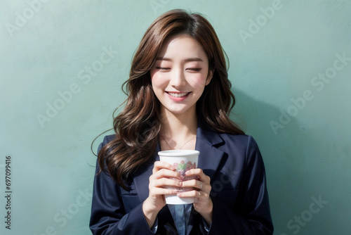 Woman in jacket holding floral cup and smiling with eyes closed, AI generated image