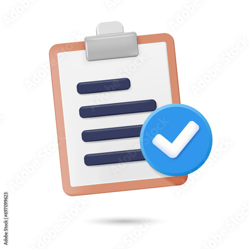 3D clipboard icon with checklist and check mark. Vector illustration.