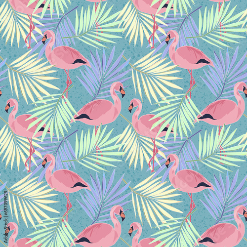 Seamless tropical pattern. Flamingos and palm leaves on a blue-green background. 