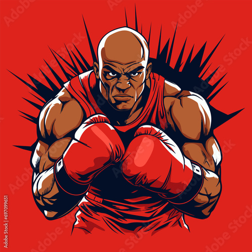 An angry boxer with red gloves stands confidently in a stance. Vector illustration.