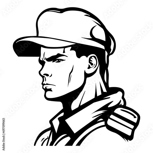 Coloring outline of serious soldier stands in military uniform and a military cap on a green background. Vector illustration.