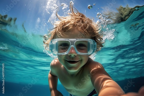 A happy boy swims and dives underwater, wearing diving glasses. having fun in the pool underwater. Active healthy lifestyle, water sports and swimming lessons during the summer holidays