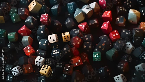 A magnified of a group of dice, each showing different numbers representing stock prices. The dice are tered on a dark background, symbolizing the unpredictability and randomness of
