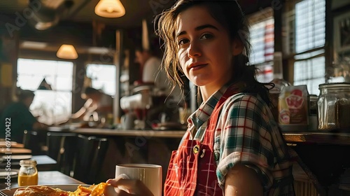 a countrypunk waitress serving a family breakfast   