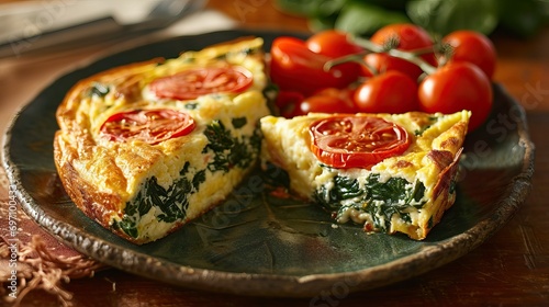 a plate of frittata , spinach, tomato photo