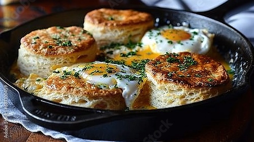 a skillet of scrambled eggs  biscuits for breakfast  protein
