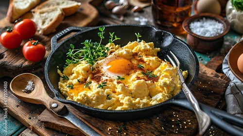 a skillet of scrambled eggs, for breakfast, protein