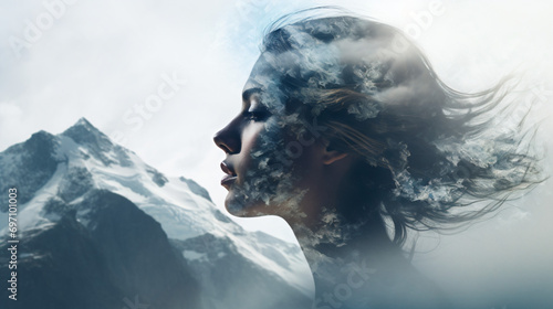 目をうっすら開けた女性の横顔と冬の山脈の二重露光、コピースペース有 photo