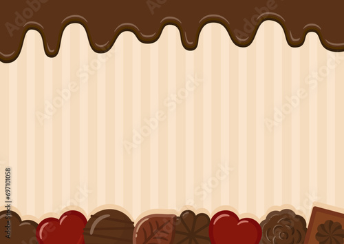 バレンタインのフレーム・背景素材、溶けたチョコレートといろいろな形のチョコレートと茶色のストライプ柄