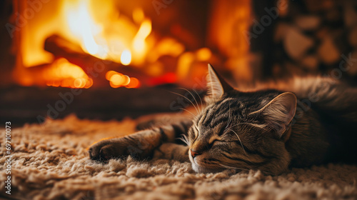 暖かい暖炉の前のカーペットの上で気持ちよさそうにねている茶色の縞柄のねこ photo