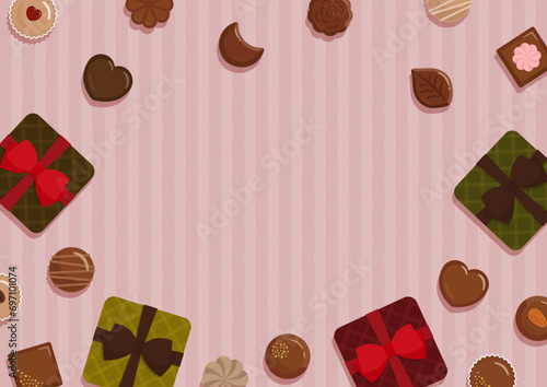 バレンタインの背景素材、チョコレートとリボンのついたプレゼントの箱とピンクのストライプ柄