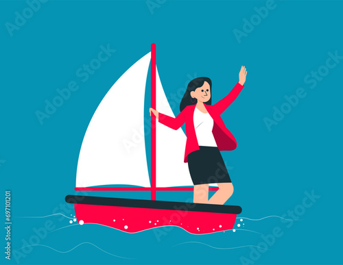 Courage and leader ship to success. Investors standing in paper boat on fluctuate market concept