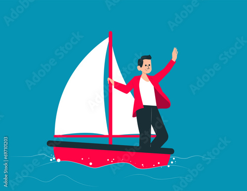 Courage and leader ship to success. Investors standing in paper boat on fluctuate market concept