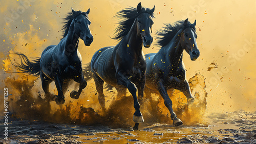 Three houses force runout  background are gold dust smoke and glitter blurred  strong and powerful horses 
