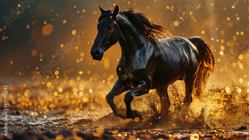 Three houses force runout, background are gold dust smoke and glitter blurred, strong and powerful horses, © Phichet1991