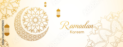 golden ramadan kareem banner with mandala, crescent and lantern. islamic background.