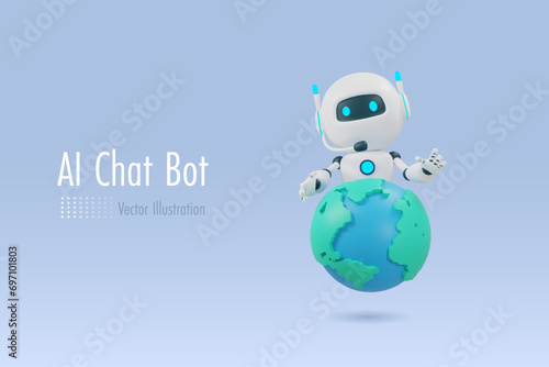AI chat robot holding world. Chat bot and artificial intelligence robotics trends technology influence in worldwide business. 3D cartoon character