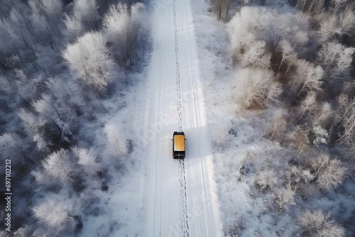 a white bus moving on a snowy road around trees covered with snow