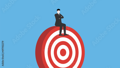 Confident businessman thinking and sitting with arms crossed on a target goal. Business strategy, success,  leadership, and innovation concepts in minimal design and vibrant color. Vector illustration